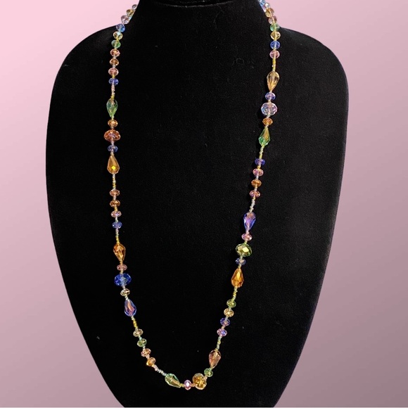 Faceted Glass Beads Necklace Multi Colored Shiny Sparkly Over-The-Head Style - Picture 2 of 8